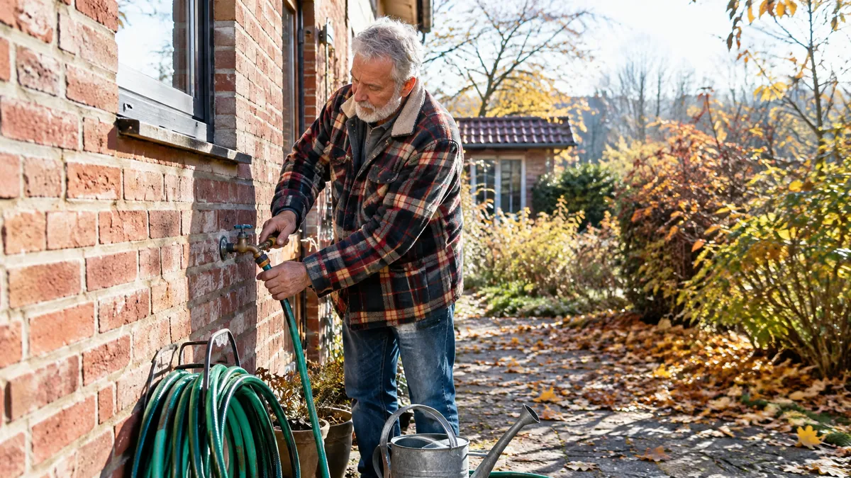Älterer Mann mit grauem Bart und kariertem Flanellhemd schraubt an einer Backsteinwand einen grünen Gartenschlauch vom Außenwasserhahn ab, davor eine Schlauchrolle und eine Gießkanne im Herbstlaub