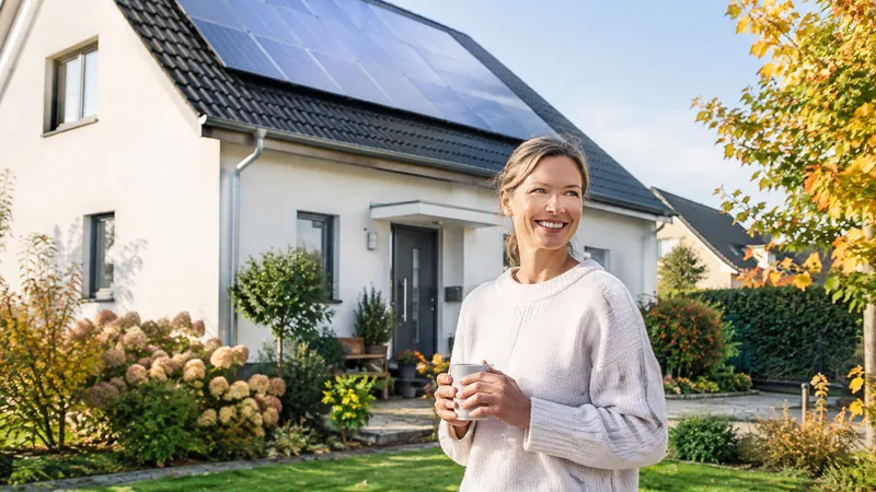 Modernisiertes Einfamilienhaus mit frisch gedämmter Fassade und Solarmodulen auf dem Dach an einem sonnigen Herbsttag