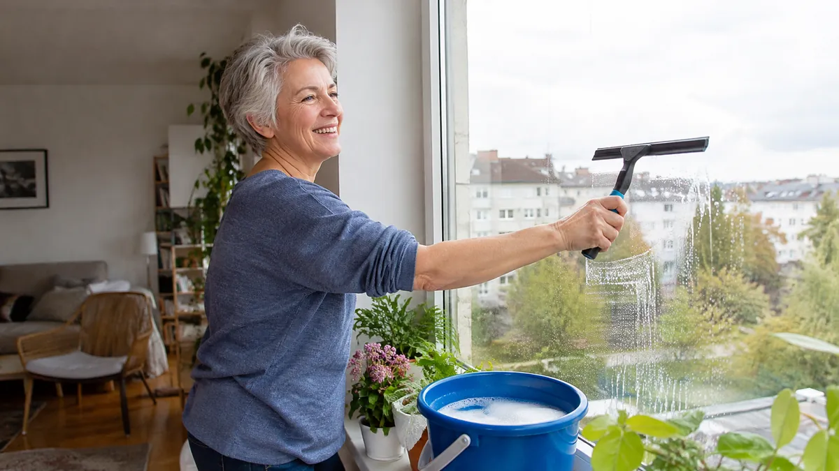 Fröhliche Frau in den Fünfzigern mit kurzen silbergrauen Haaren putzt ein großes Fenster mit Abzieher, Eimer auf der Fensterbank, Pflanzen