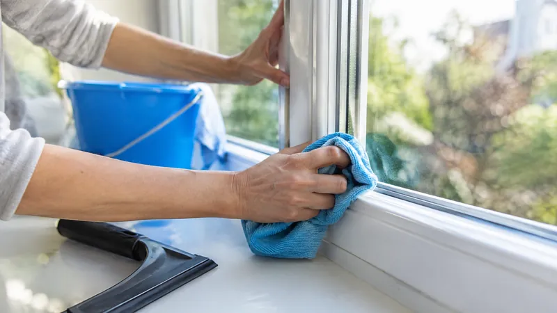 Nahaufnahme: Hände wischen einen weißen Fensterrahmen mit einem blauen Mikrofasertuch, Eimer und Abzieher auf der Fensterbank
