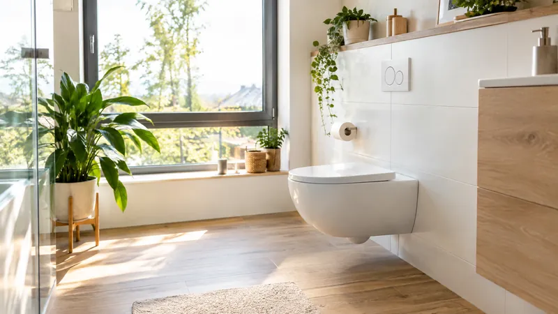 Modernes helles Badezimmer mit spülrandlosem Wand-WC, hellem Holz, weißen Fliesen, großem Fenster und grünen Pflanzen