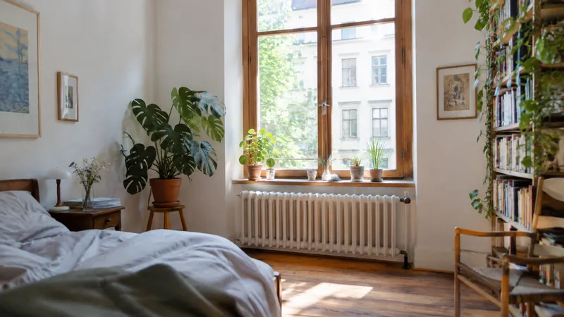Heller Altbauraum mit hohem Holzfenster, darunter ein klassischer weiß gestrichener Rippenheizkörper aus Gusseisen, daneben ein Bett und Pflanzen