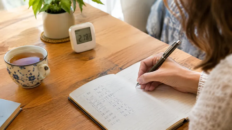 Schreibtisch mit handschriftlichem Temperatur-Protokoll in einem Notizbuch, daneben ein kleines Thermometer und eine Tasse Tee