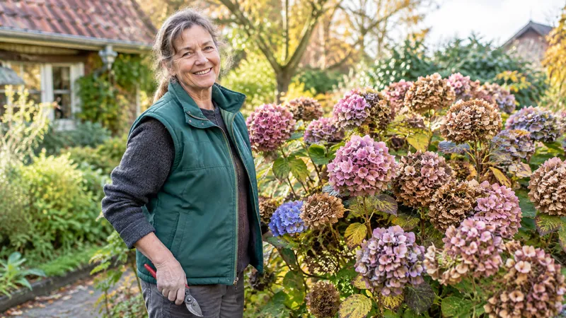 Gärtnerin in grüner Weste steht lächelnd mit gesenkter Gartenschere neben einem Hortensienbusch mit getrockneten rosa und blauen Blüten