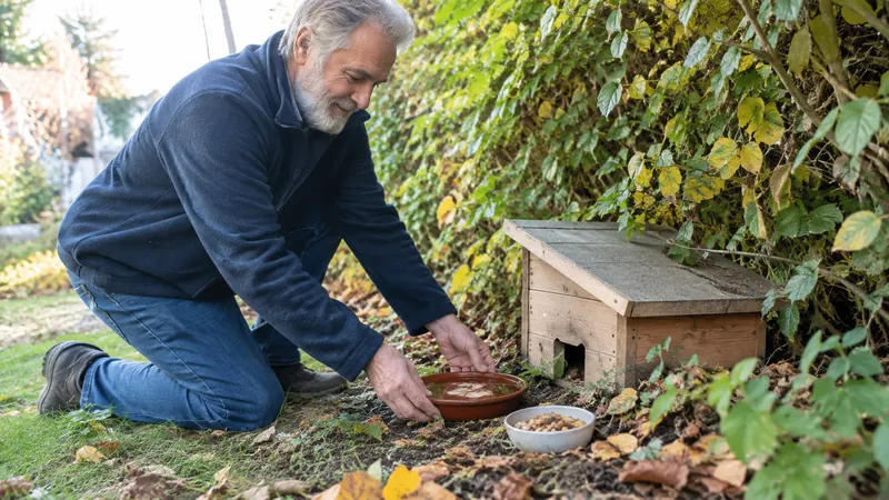 Älterer Mann mit grauem Bart kniet unter einer Hecke und stellt eine flache Schale Wasser und Futter neben ein hölzernes Igelhaus