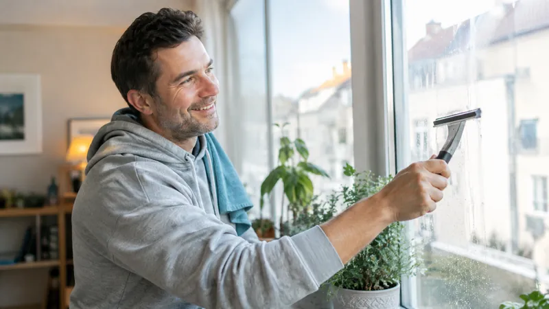 Lächelnder Mann im grauen Kapuzenpulli wischt morgens mit einem kleinen Abzieher Kondenswasser von der Fensterscheibe