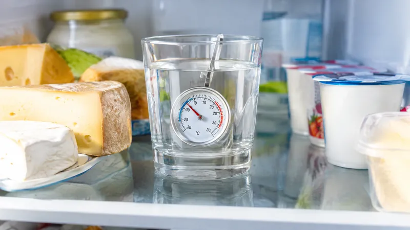 Kleines analoges Kühlschrankthermometer in einem Glas Wasser im mittleren Kühlschrankfach, umgeben von Käse und Joghurt
