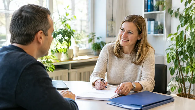Mann von hinten im Gespräch mit einer lächelnden Beraterin, die an einem hellen Schreibtisch Notizen macht, daneben ein blauer Ordner
