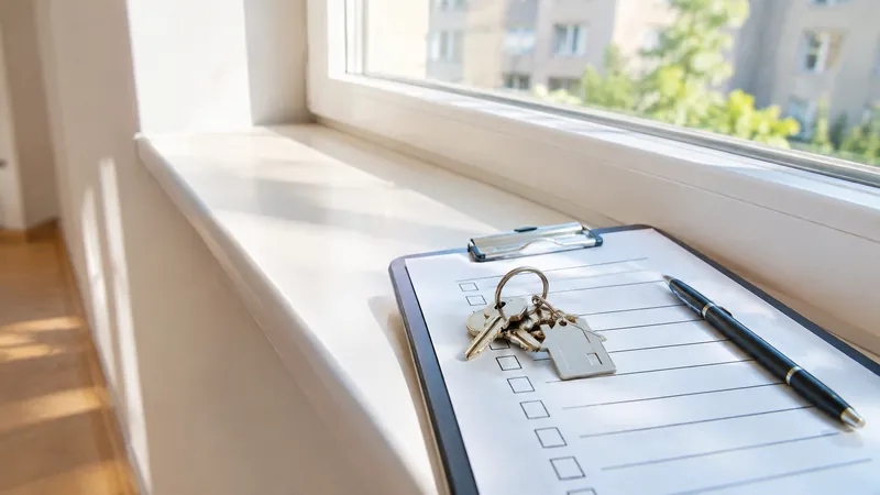 Schlüsselbund und Übergabeprotokoll auf einem Klemmbrett liegen auf der Fensterbank einer leeren, sonnigen Wohnung