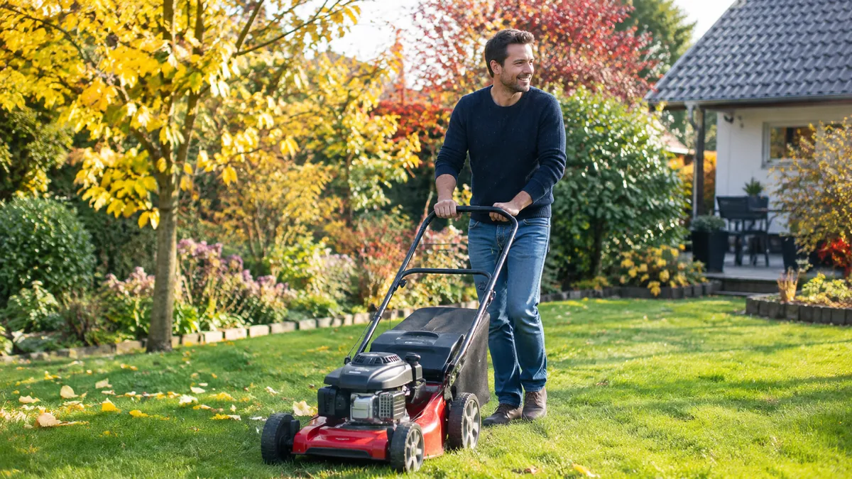 Mann schiebt einen Rasenmäher über sattgrünen Rasen im Oktober, dahinter bunte Bäume und einzelne gelbe Blätter im Gras