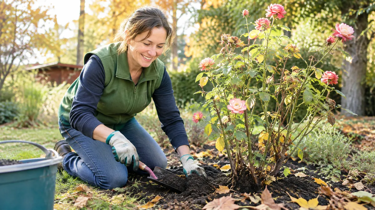 Lächelnde Gärtnerin mit grüner Weste und Handschuhen kniet im herbstlichen Garten und häufelt mit einer kleinen Schaufel Erde um einen Rosenstrauch mit rosa Blüten