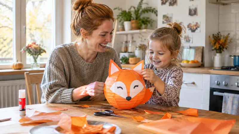 Mutter mit rotbraunen hochgesteckten Haaren und ihre kleine Tochter basteln am Küchentisch lachend eine orangefarbene Papierlaterne in Fuchsform, daneben Klebestift, Schere und Transparentpapier