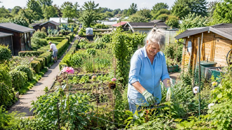 Reihen gepflegter Kleingärten mit kleinen Lauben, Hecken und schmalen Wegen, leicht von oben gesehen, Menschen bei der Gartenarbeit