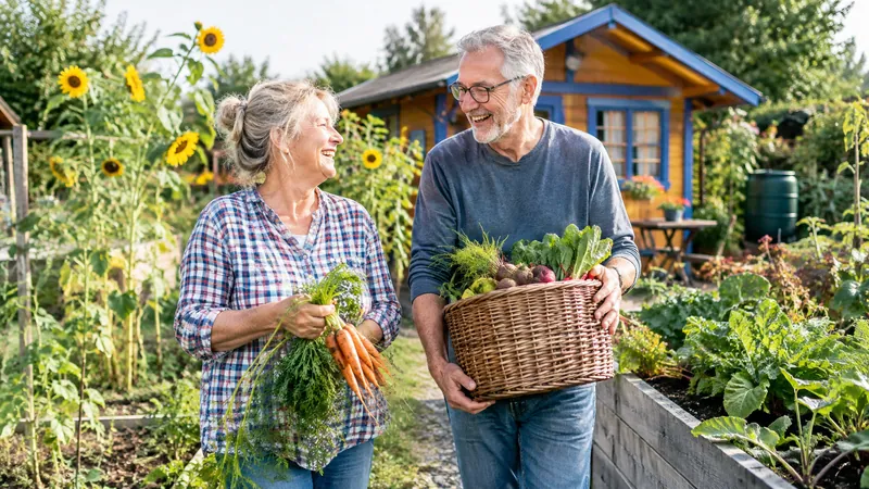 Lebendige Kleingartenanlage mit buntem Holzhäuschen, Hochbeeten und Sonnenblumen, ein älteres Paar erntet lachend Gemüse