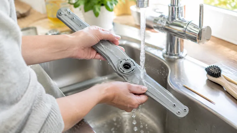Hände spülen einen grauen Sprüharm einer Spülmaschine unter dem laufenden Wasserhahn aus, daneben liegen ein Zahnstocher und eine Spülbürste auf der Spüle