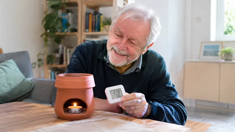Mann in den Sechzigern mit weißen Haaren hält amüsiert ein kleines digitales Raumthermometer neben einen Teelichtofen aus Terrakotta