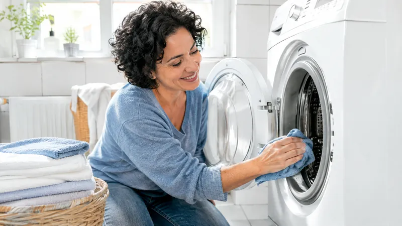 Lächelnde Frau mit kurzen dunklen Locken wischt in einem hellen Waschraum die Gummidichtung einer Frontlader-Waschmaschine aus