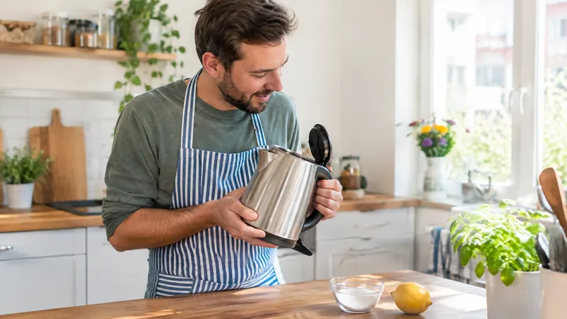 Lächelnder Mann mit Bart und gestreifter Schürze hält einen Edelstahl-Wasserkocher in einer hellen Küche, auf der Arbeitsplatte eine Schale mit weißem Pulver und eine Zitrone