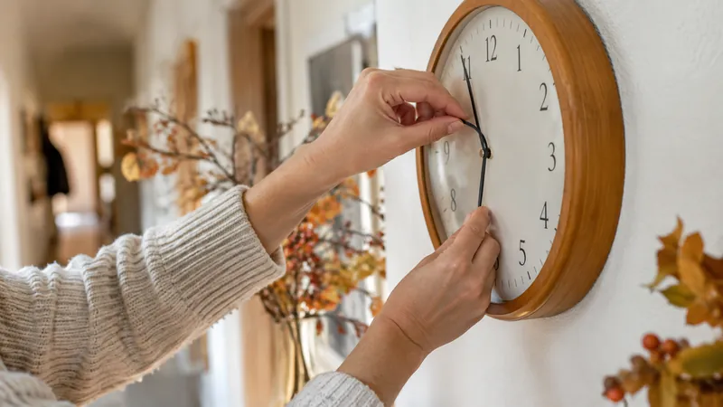 Hände stellen die Zeiger einer runden analogen Wanduhr in einem gemütlichen Flur, daneben Herbstzweige