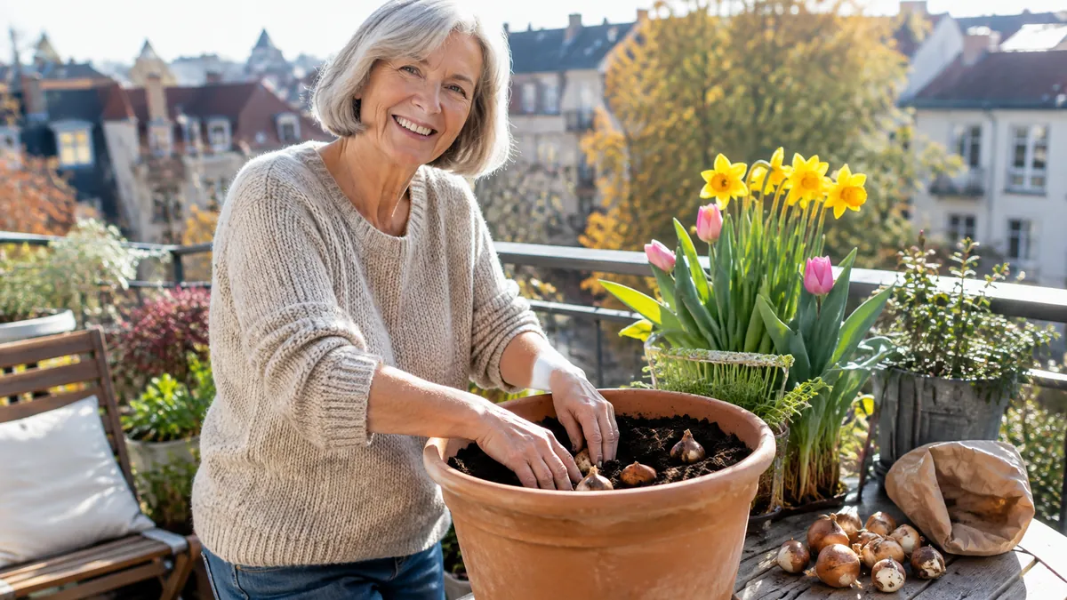 Frau mit grauem Bob pflanzt auf einem sonnigen Stadtbalkon Blumenzwiebeln in Schichten in einen großen Terrakottatopf