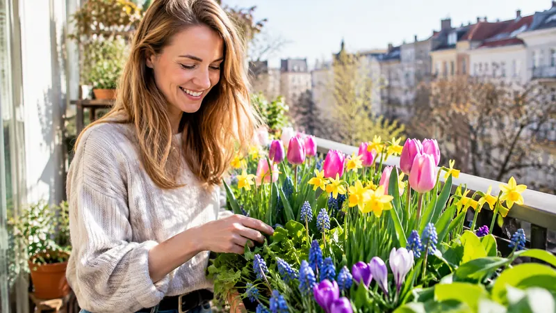 Sonniger Stadtbalkon im Frühling mit einem großen Topf voller blühender Tulpen, Narzissen, Traubenhyazinthen und Krokusse